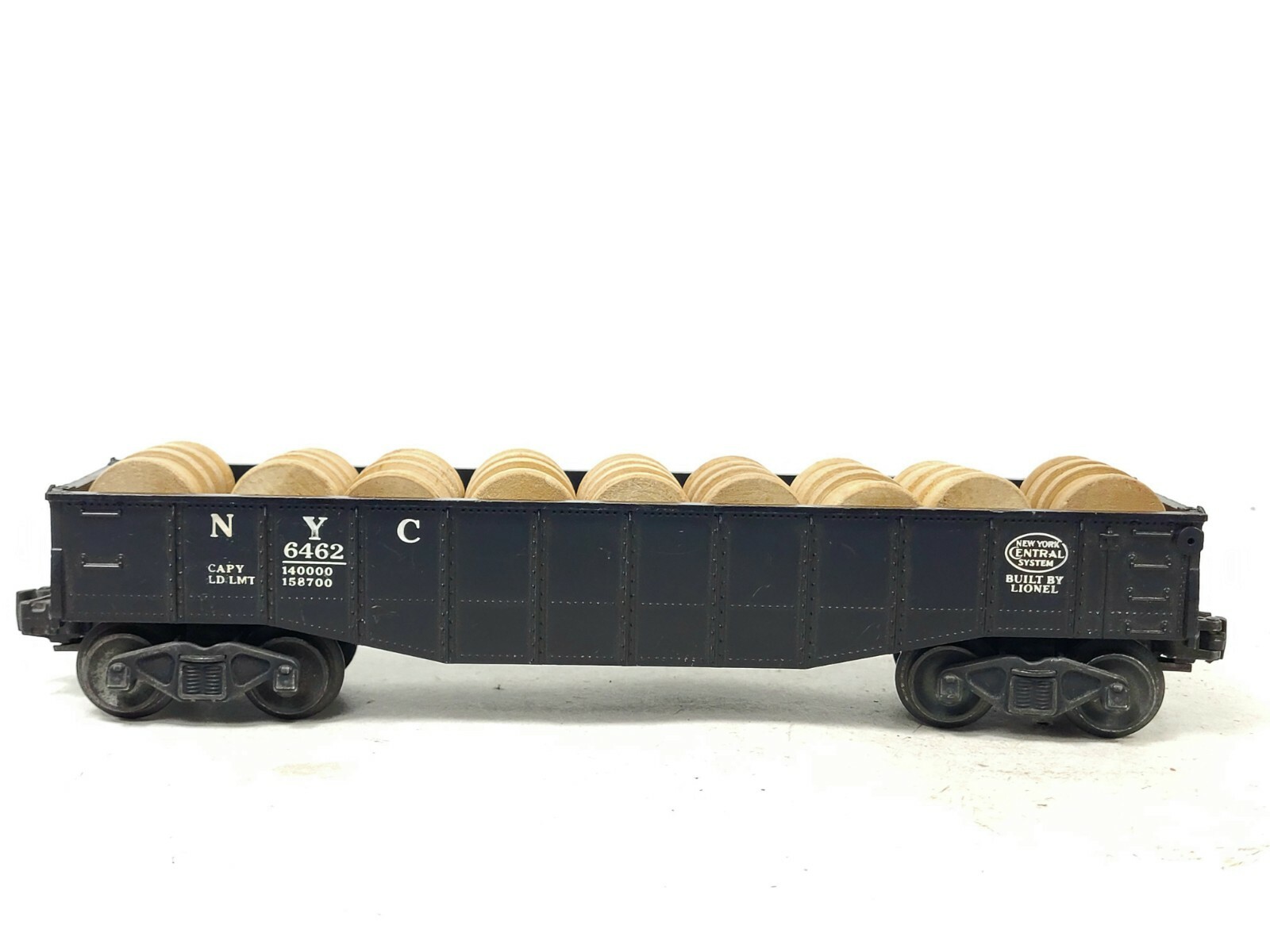 3x Lionel 3469 Dump Car w/Bin 6462 Gondola w/Barrel Load, X6454 Boxcar SP 96743