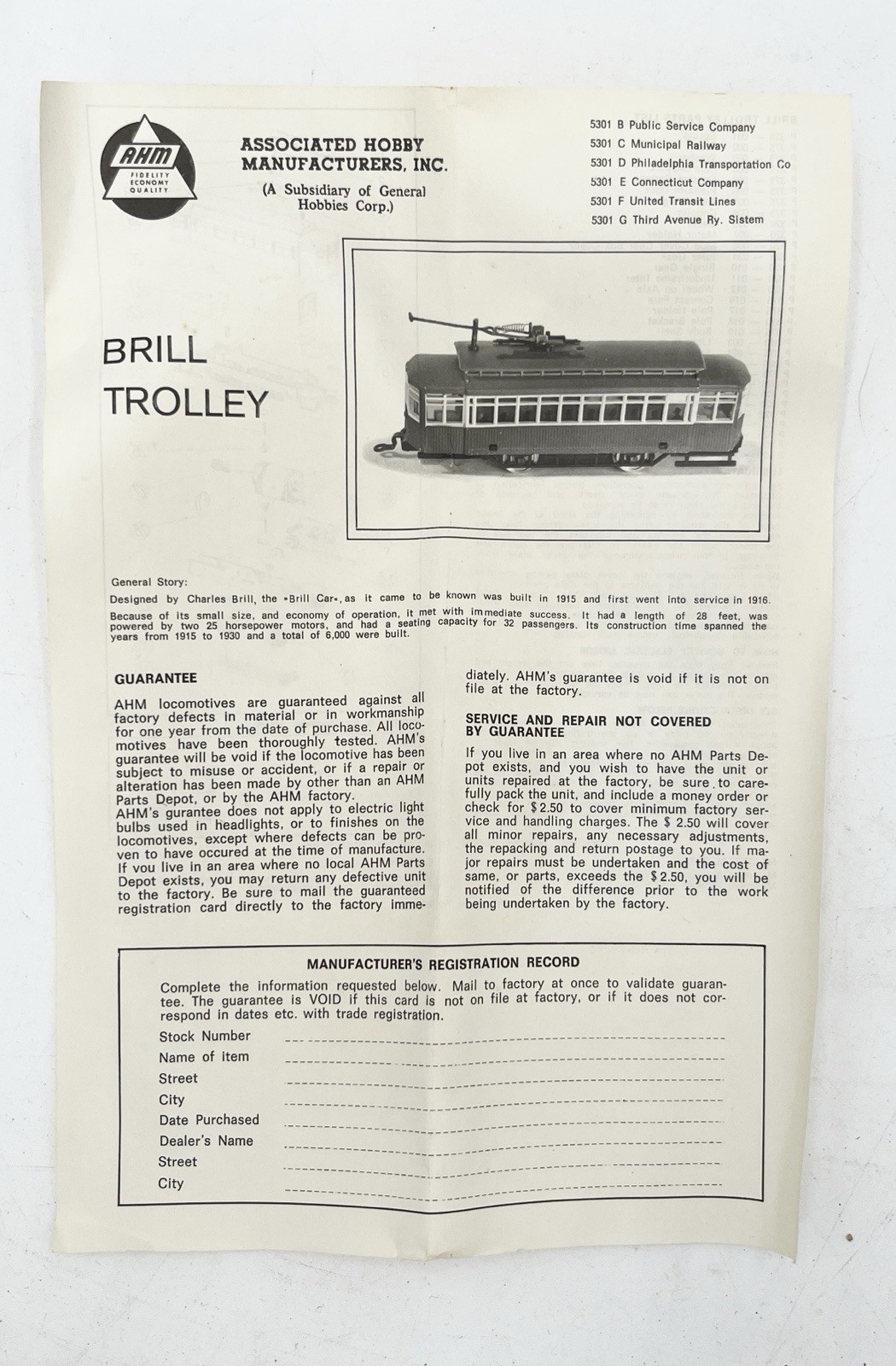 AHM HO #5301C – Brill Trolley – Municipal Railway