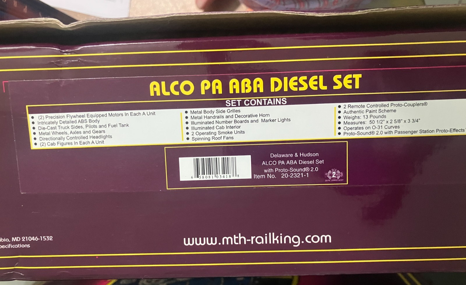 MTH 20-2321-1 A-B-A Alco PA Delaware & Hudson Ps2, BCR, LN 3R O scale