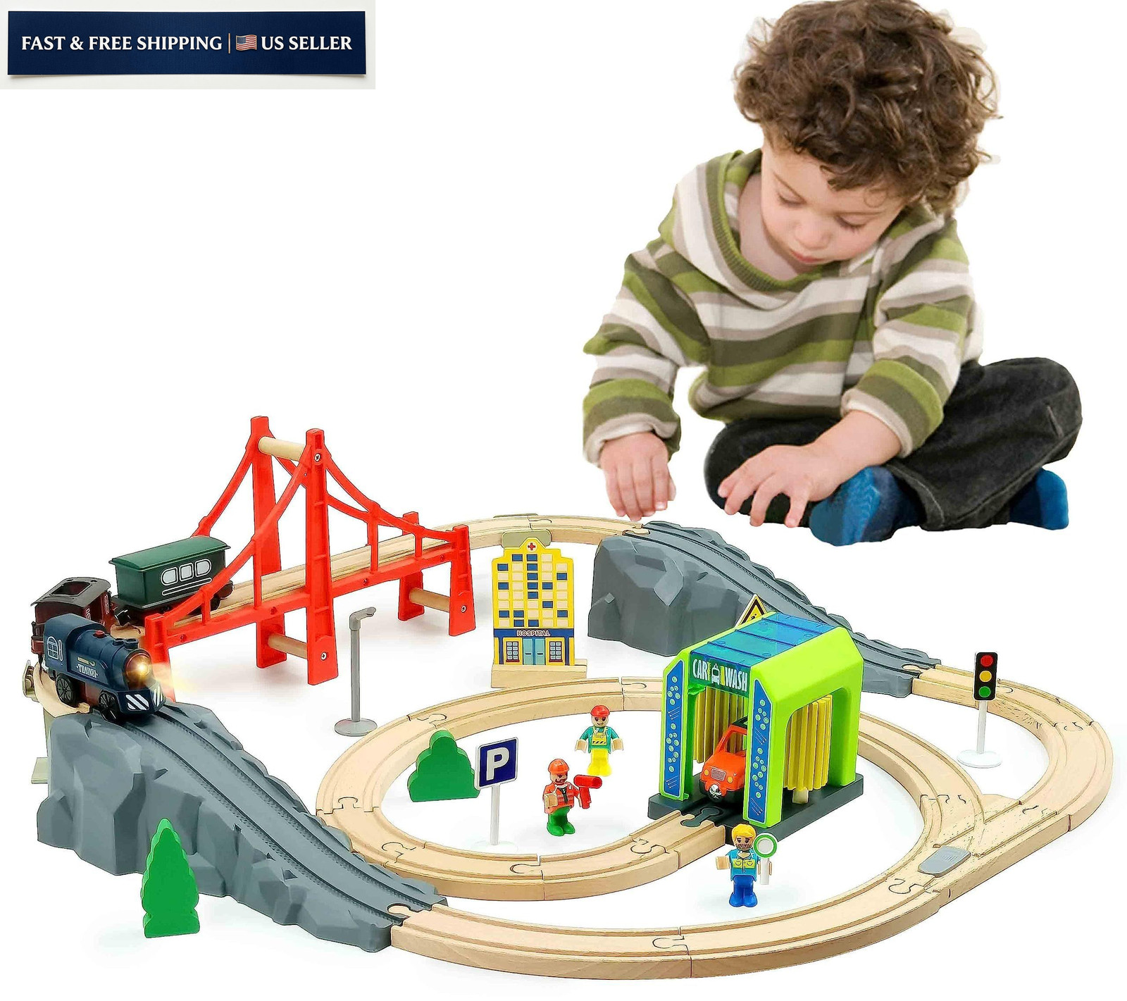 Battery Operated Train for Wooden Track, 3Pcs Motorized Small, Deep Blue