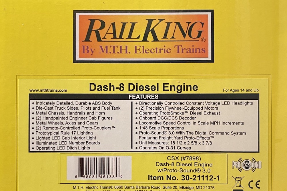 MTH RAILKING CSX #7898 DASH-8 O SCALE DIESEL ENGINE PROTOSOUND 3.0 (30-21112-1)