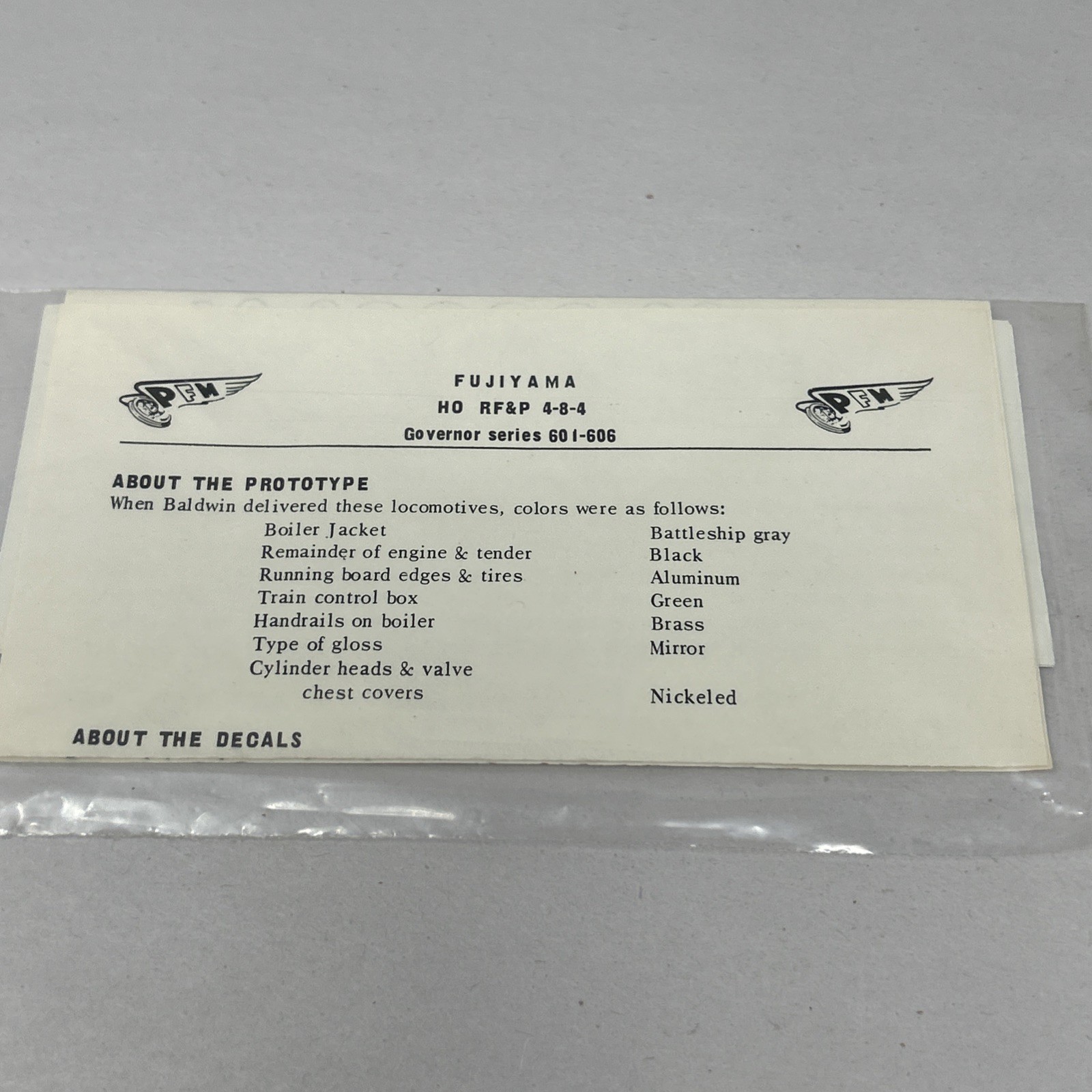Fujiyama HO DECALS Only for RF&P Governor Series 4-8-4 Locomotive #601-606