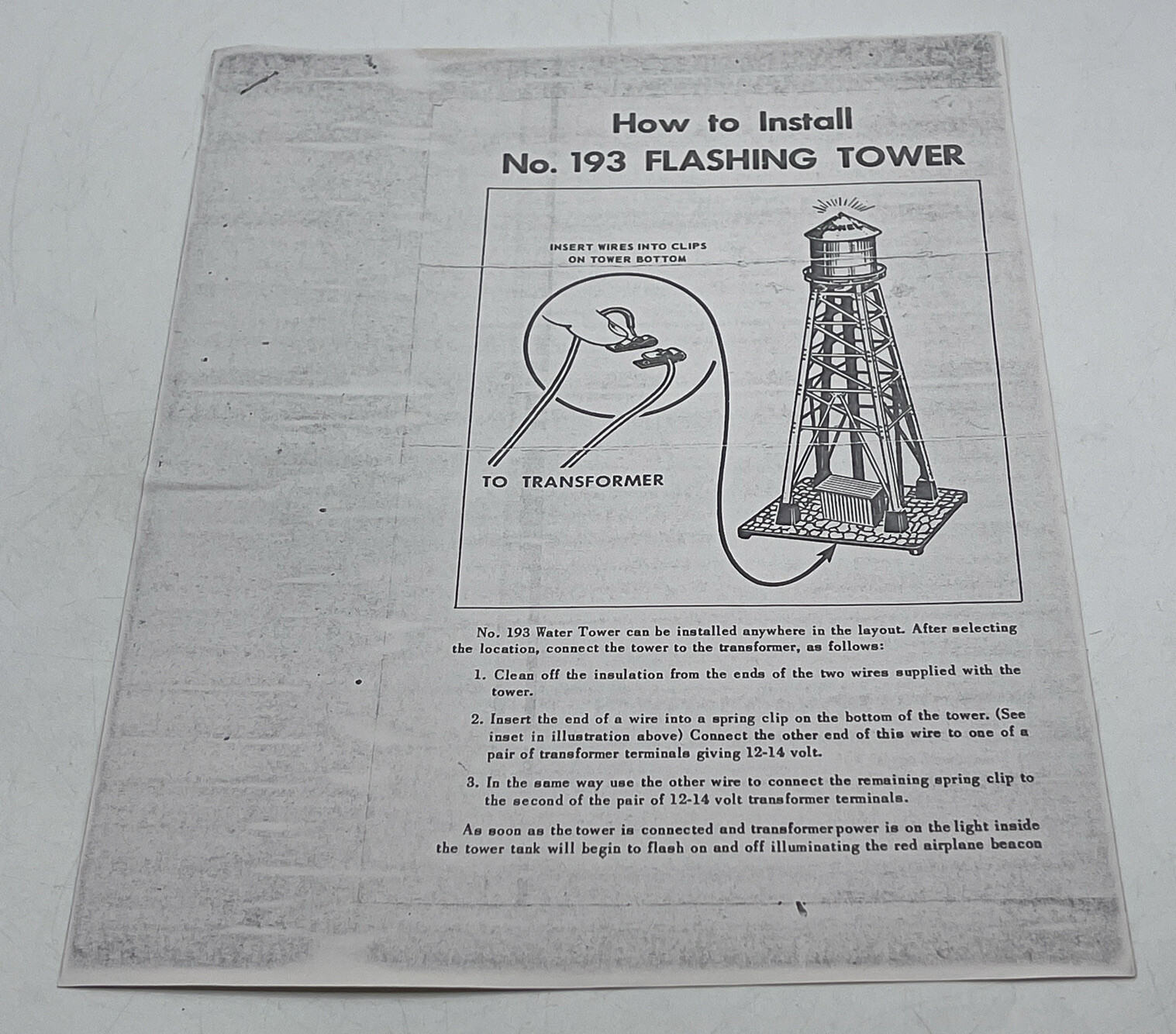 Lionel Instructions How to Install No. 193 Flashing Tower Paper Copy By Dealer