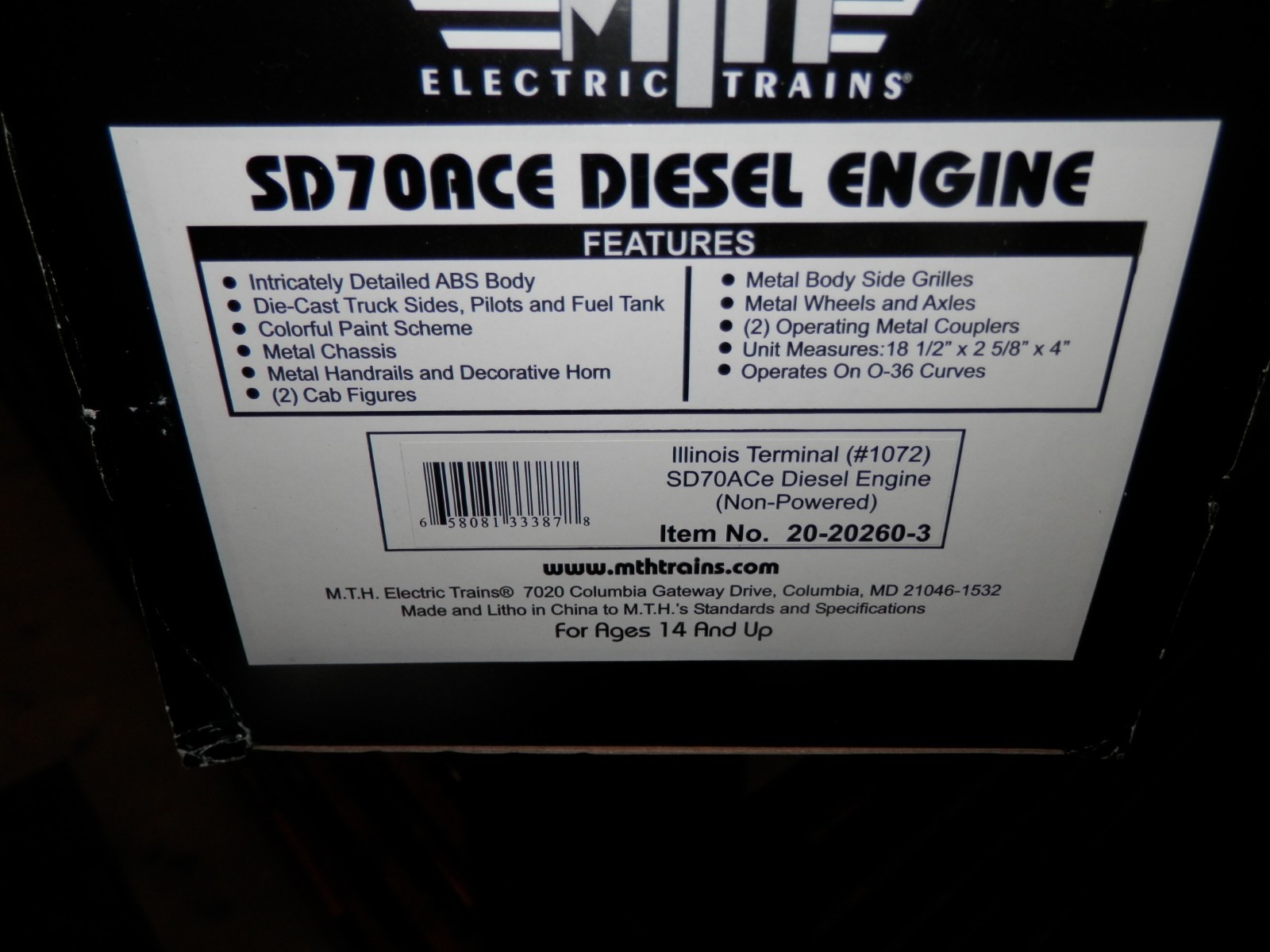 MTH #20-20260-3 Illinois Terminal SD70 ACe Non Powered BNIB Cab #1072 Hertiage