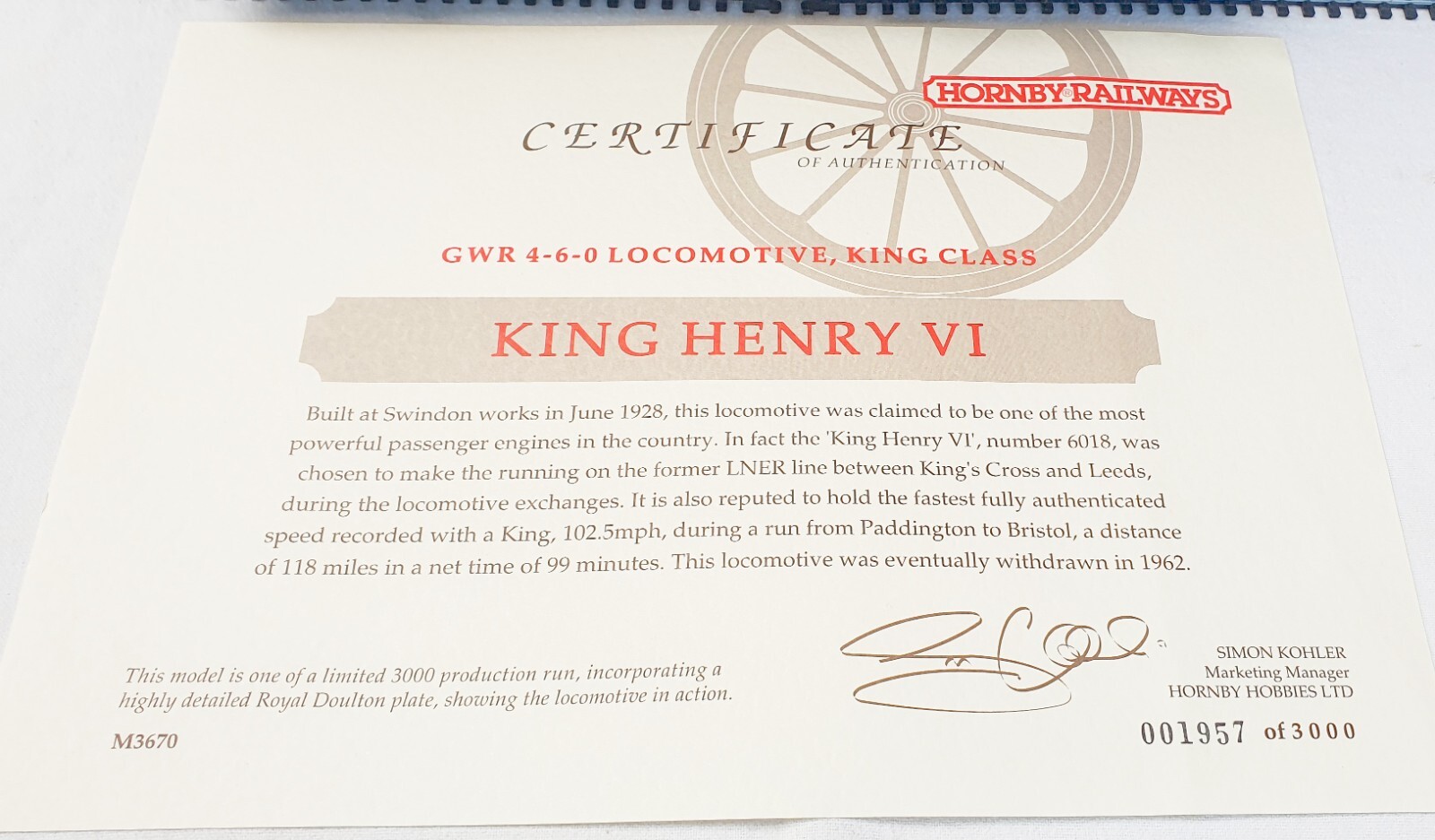 Hornby OO HO British GW King Class “HENRY VI” Steam Locomotive ROYAL DOULTON MIB