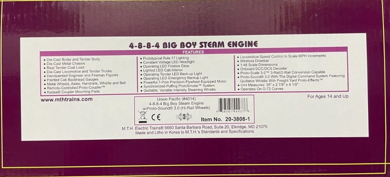 MTH PREMIER UNION PACIFIC BIG BOY #4014 STEAM ENGINE PS3 20-3808-1 O SCALE UP