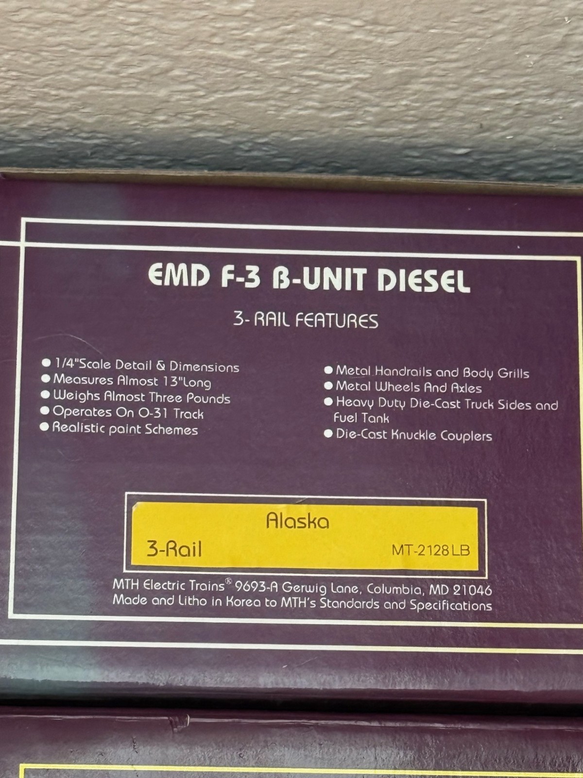 MTH MT-2128LB Alaska EMD F-3 B-Unit Diesel NON Pwd NIB