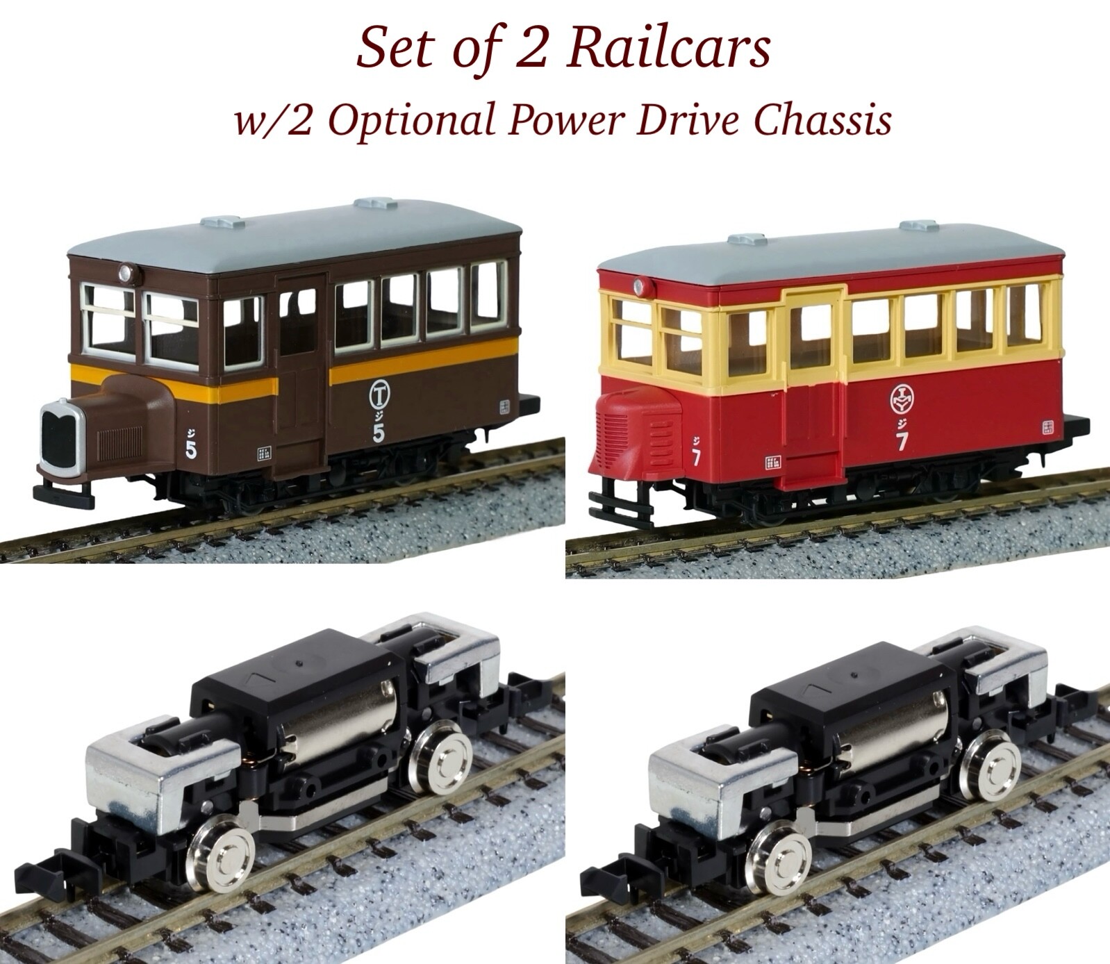 HOn30/HOe Tomytec Nekoya Narrow Gauge Railcar 2-Pack w/Power Drive Chassis H0e