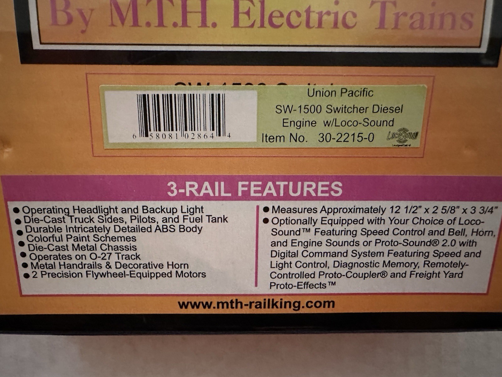 MTH O 30-2215-0 Union Pacific SW-1500 Switcher Diesel Engine W/ Loco Sound