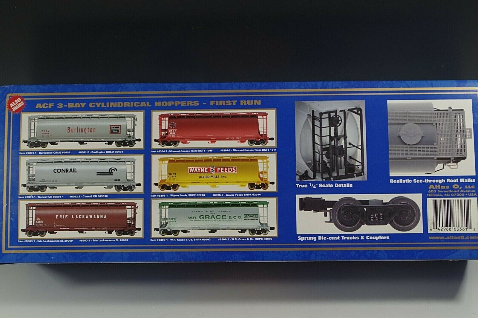 ATLAS ACF 3-BAY CYLINDRICAL HOPPER ERIE LACKAWANNA #6303-2 0 SCALE NIB TRUE 1/4″