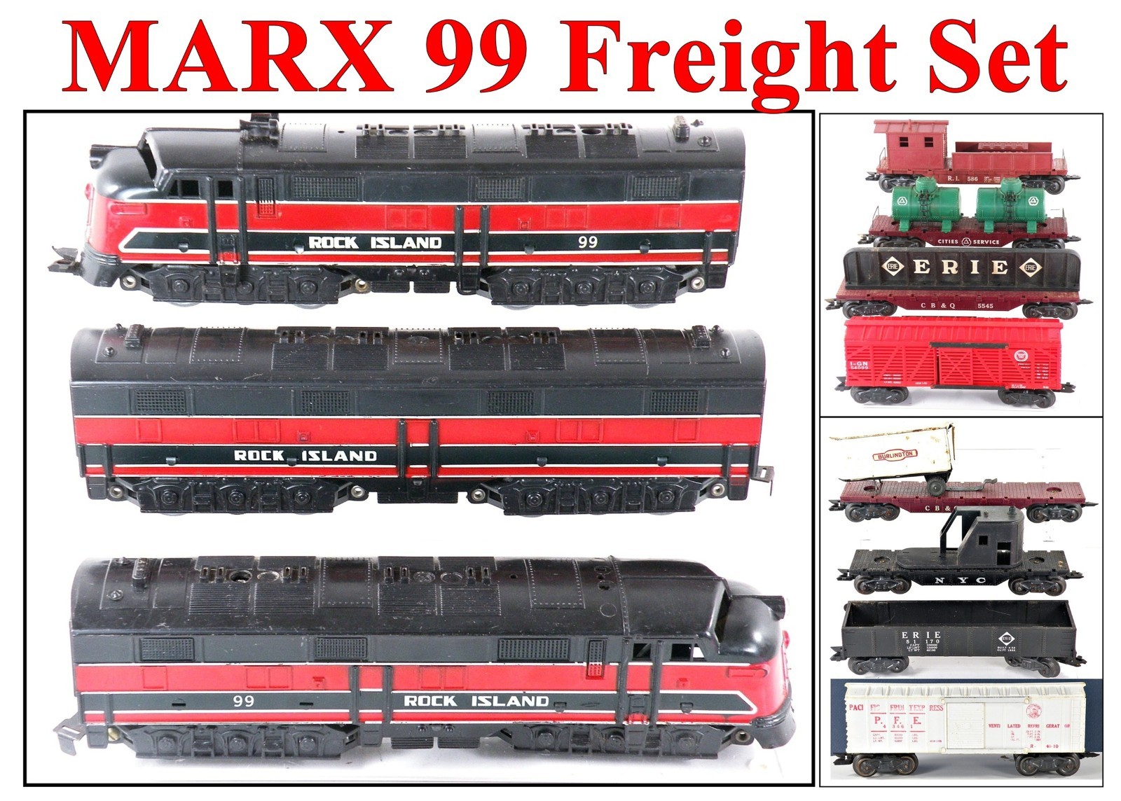 Marx 99 Rock Island E7 A-B-A Diesels & 8-Freight Cars 1950s