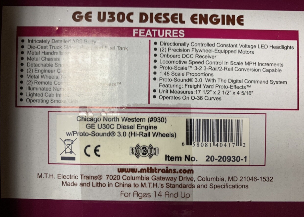 MTH PREMIER CHICAGO NORTHWESTERN GE U30C DIESEL ENGINE PS3! 20-20930-1 O SCALE