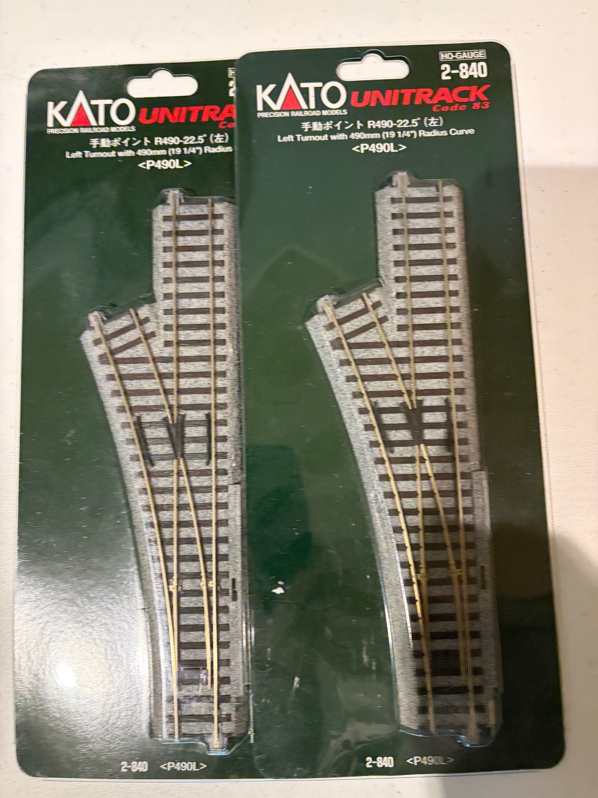 2-Kato HO left hand #2-840 Turnouts Code 83 DC or DCC 490mm 19 1/4″ radius