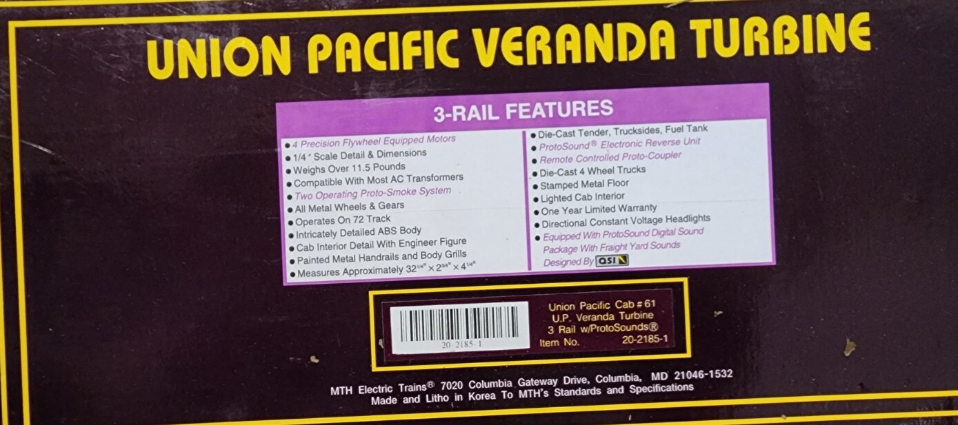 MTH O Scale 20-2185-1 Veranda Turbine Union Pacific #61