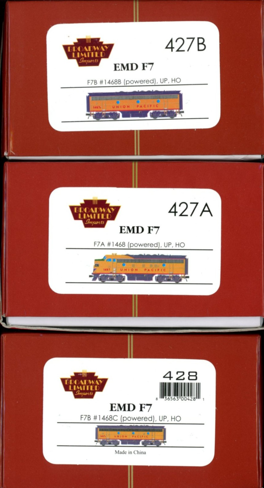 Broadway Limited Paragon #427 / 428, HO, EMD F7 A-B-C, all powered, DCC & sound