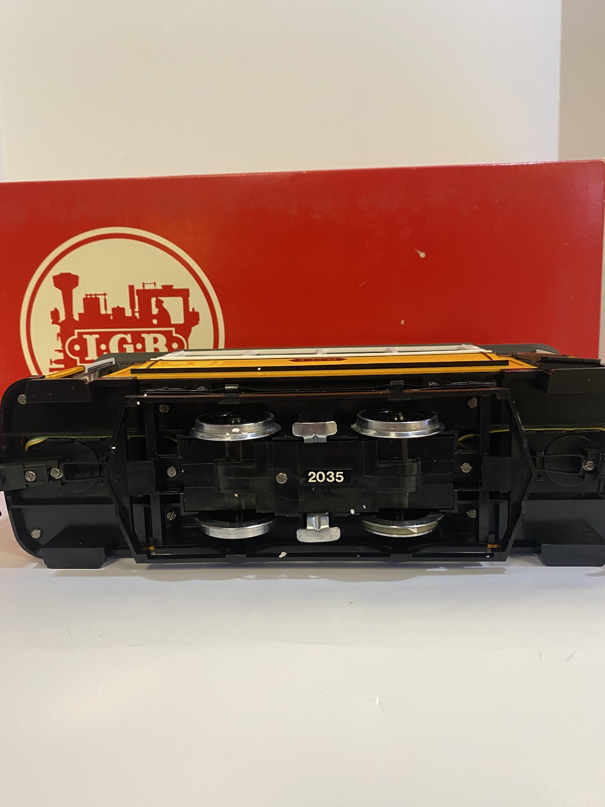 LGB 2035 G Scale Unlettered Yellow Motorized Trolley Used W/ Box & Sticker Sheet