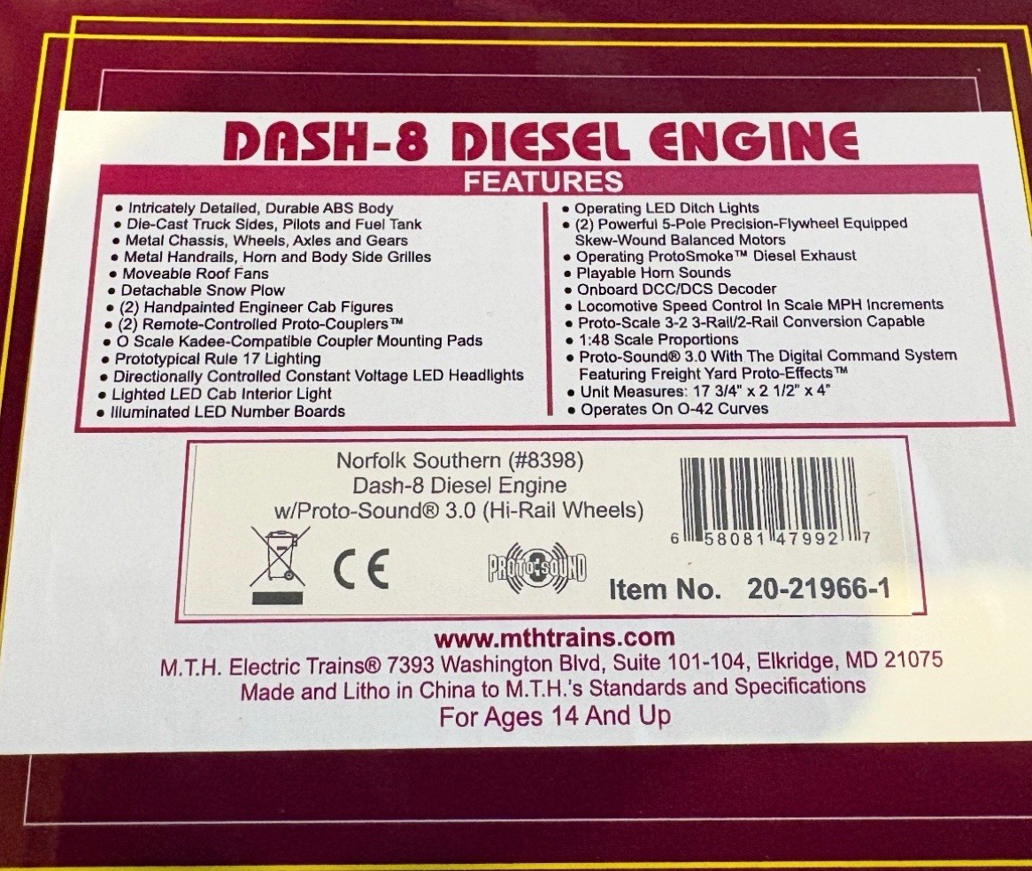 MTH PREMIER NORFOLK SOUTHERN DASH-8 DIESEL ENGINE PS3! 20-21966-1 O SCALE DASH 8