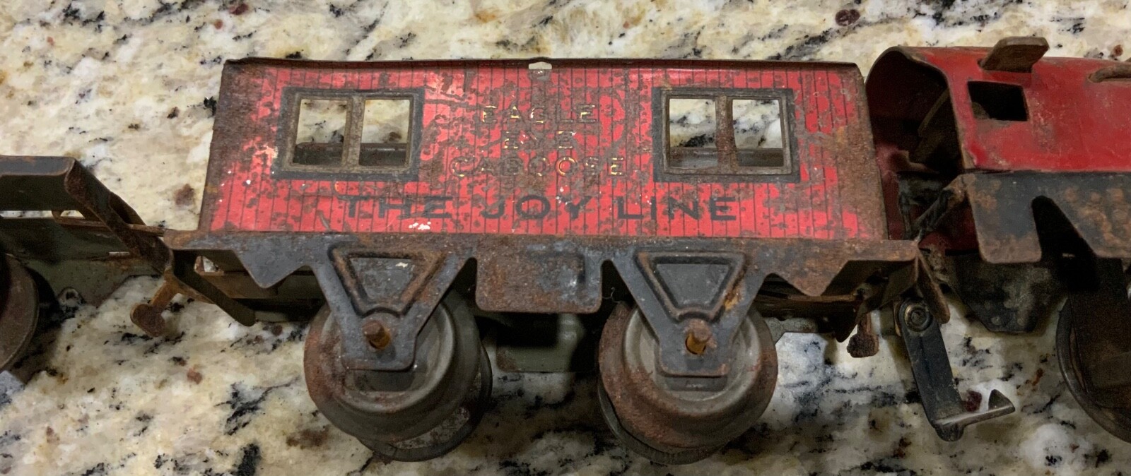Marx O Gauge Joy Line Red Wind Up Locomotive Boxcar & Eagle Eye Caboose Pre War