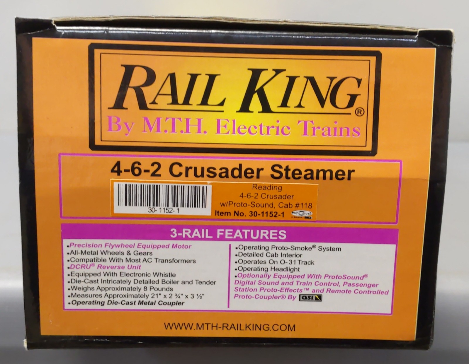 MTH 30-1152-1 O Reading 4-6-2 Crusader Steam Locomotive & Tender #118 w/PS1 NIB