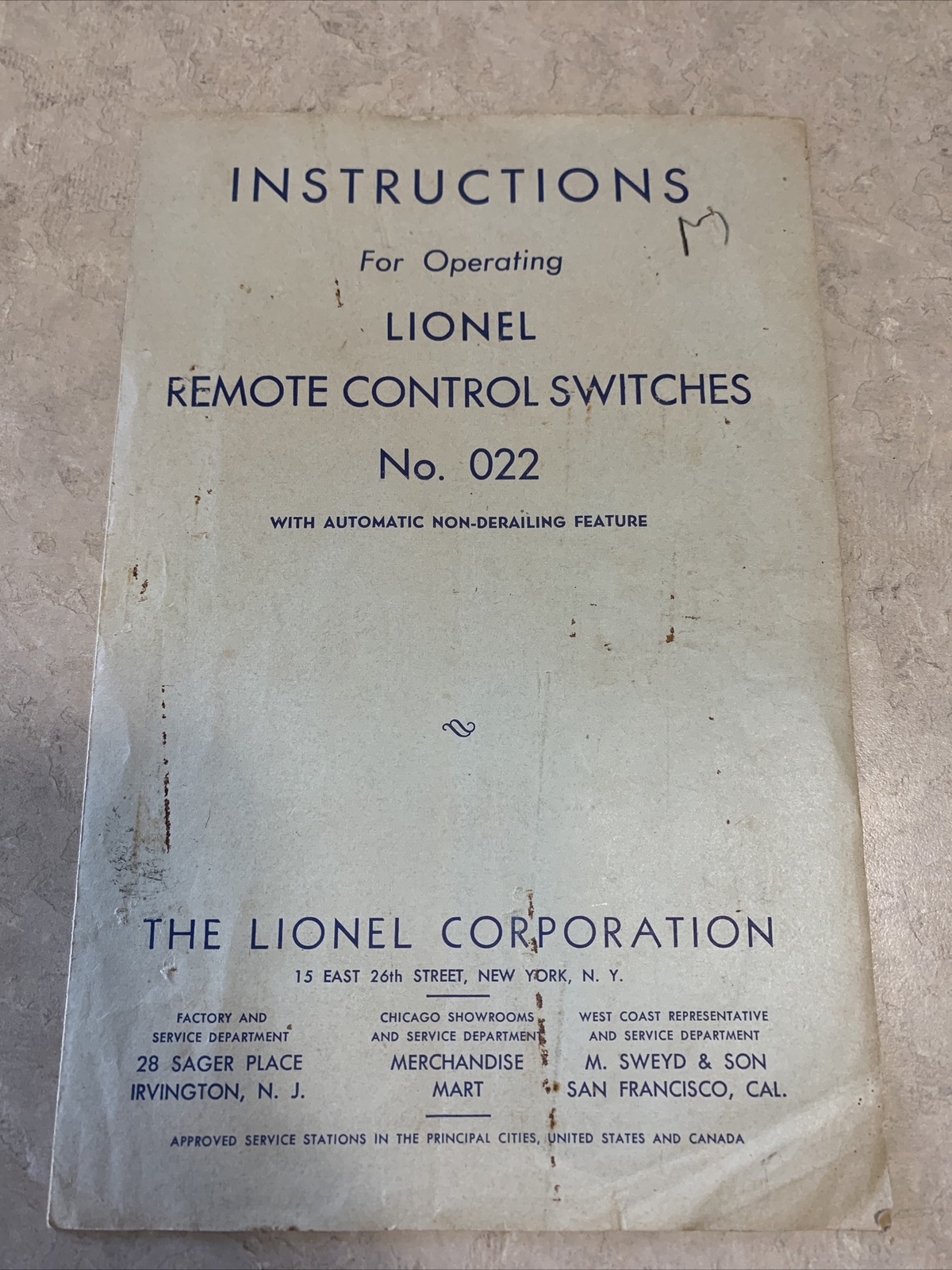 Instructions for Operating Lionel Remote Control No. 022 Switches