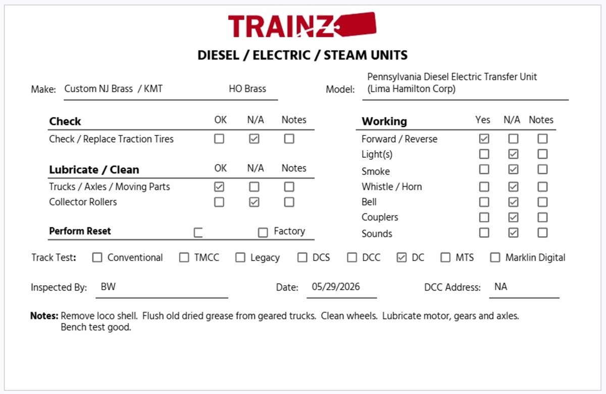 Custom NJ Brass HO Brass Pennsylvania Diesel Electric Transfer Unit – unpainted