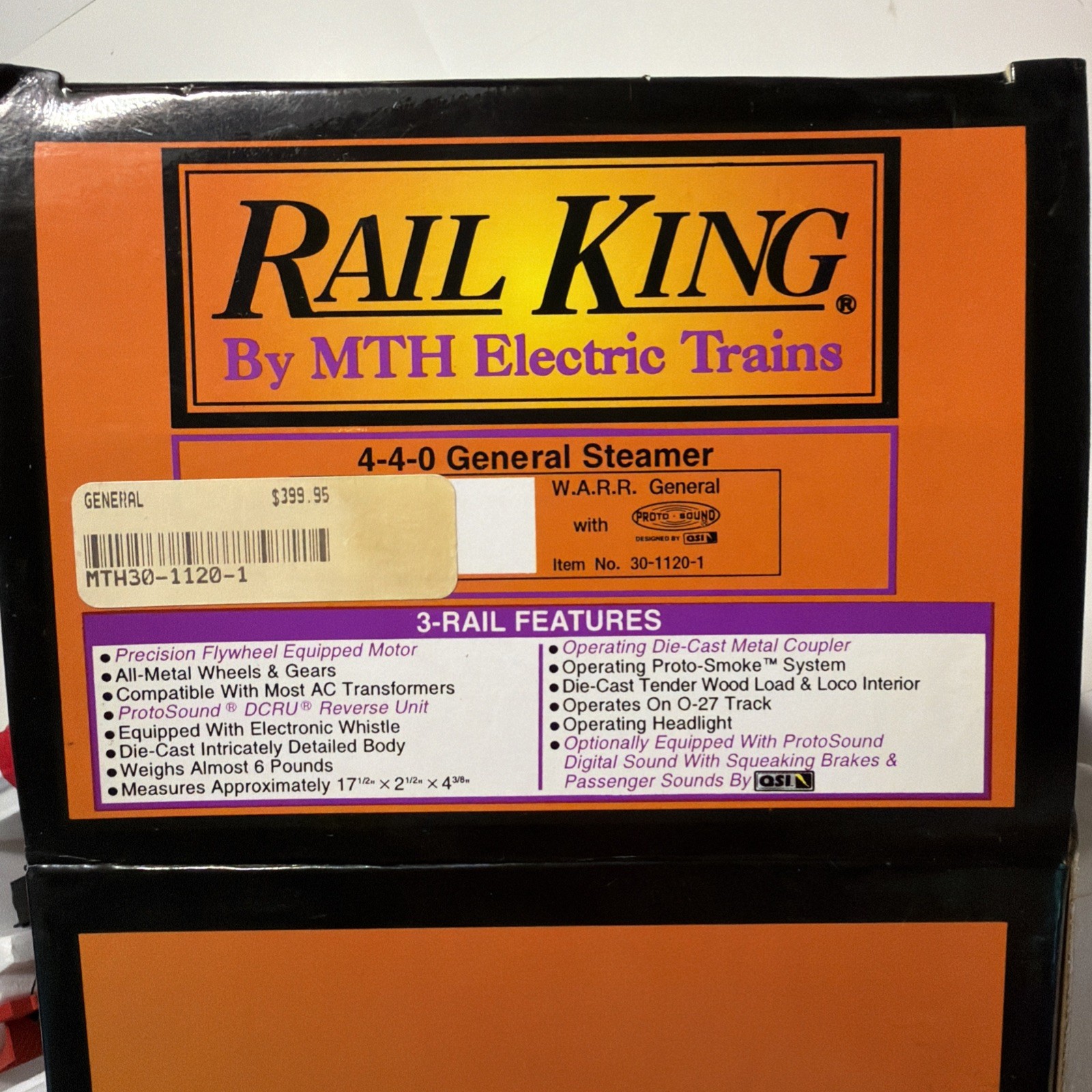 MTH RAIL KING O Excellent 4-4-0 GENERAL STEAMER LOCOMOTIVE 30-1120-1 W.A.R.R