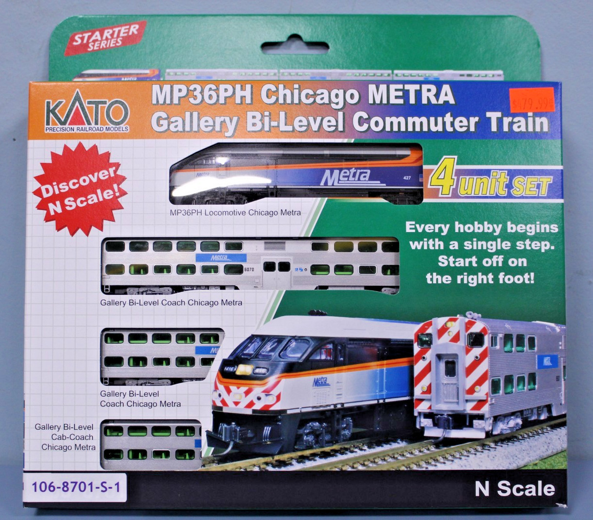 Kato 106-8701-S-1 MP36PH Chicago Metra Gallery Bi-Level Commuter Train N-Scale