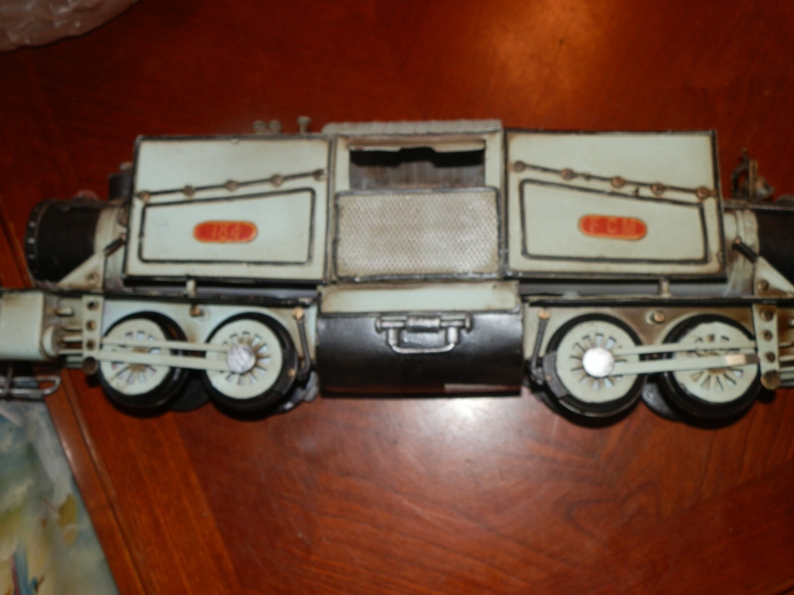 Large Tin Metal Train Locomotive for Display, Measures 21 in x 6 x 4 in. Wear