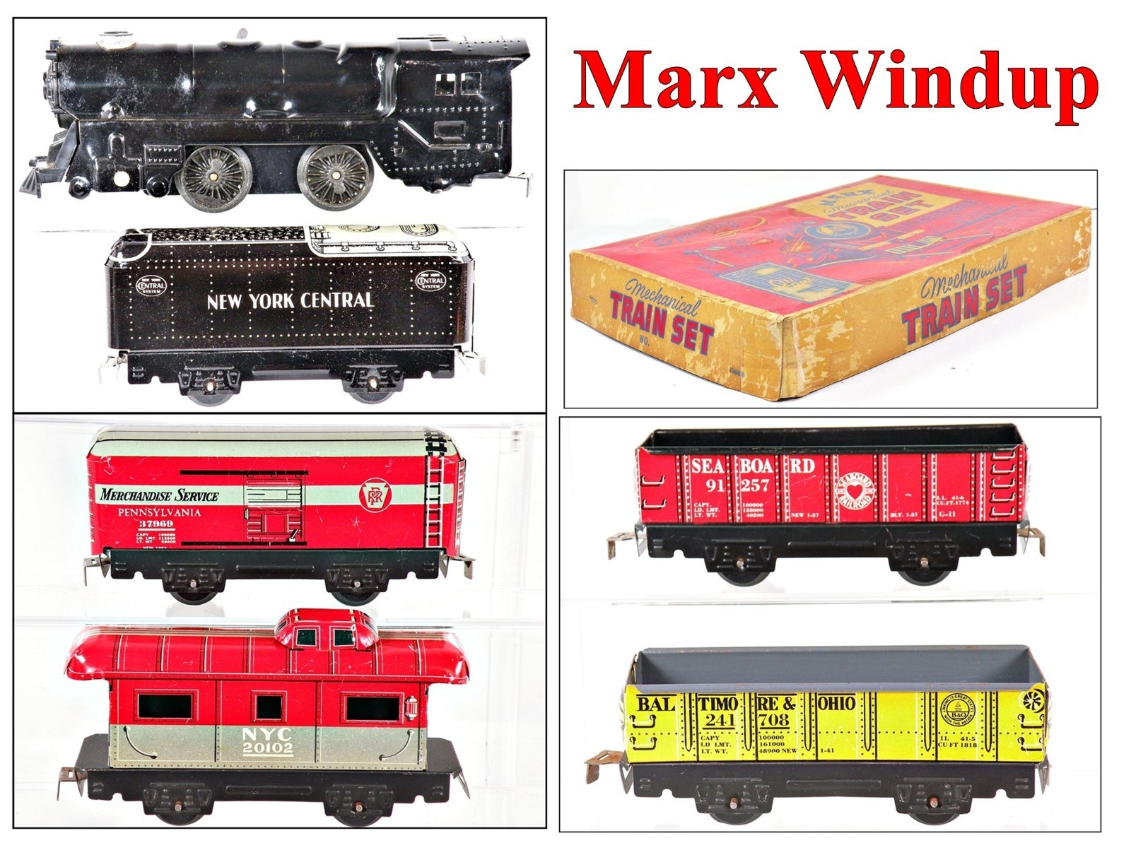 Marx Wind Up Tinplate Train Set 0-4-0 Loco and 4-Cars w/Box (No Track) 1950s
