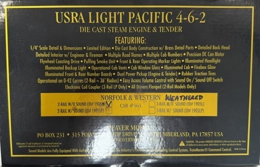 Weaver O Scale Norfolk and Western 4-6-2 USRA Light Pacific W/ Tender, Weathered