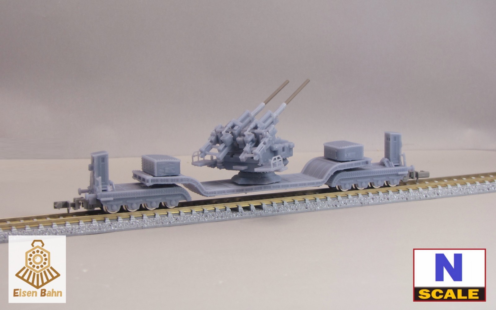 1/160 (N-scale) WWII German 128mm Flak on Heavy Flatcar /w wheels resin kit