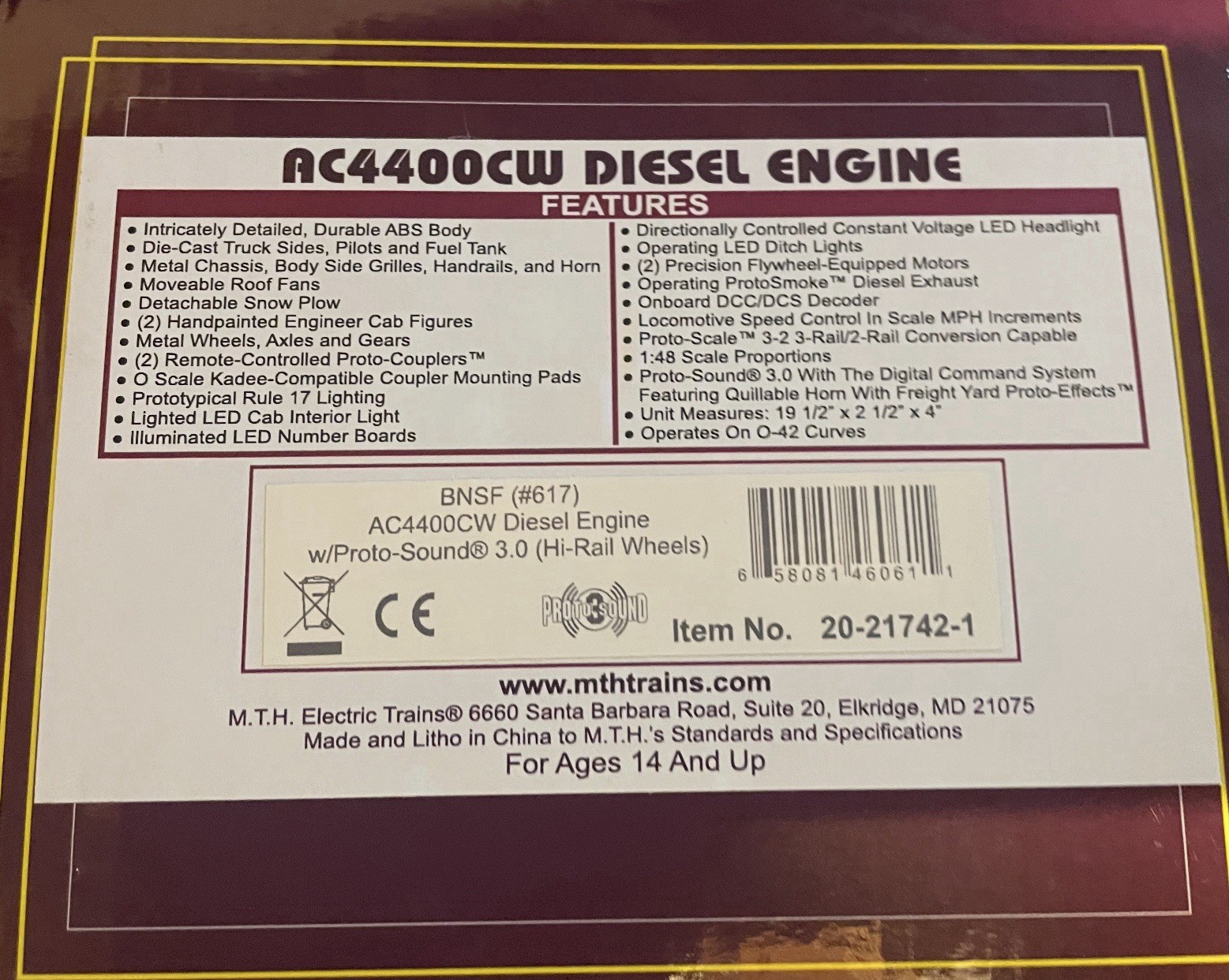 MTH PREMIER BNSF AC4400CW DIESEL ENGINE PS3! 20-21742-1 O SCALE