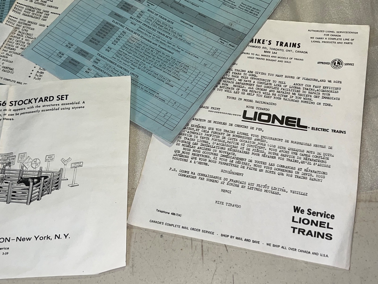 Lot of Lionel empty boxes, catalogue, instruction sheet & Tri-Ang catalogue