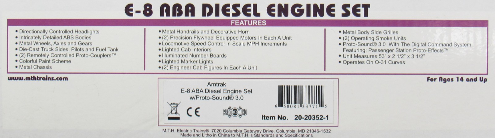 MTH Premier 20-20352-1 Amtrak E8 A-B-A Diesel Engine Set w/PS3 O-Gauge LNIB
