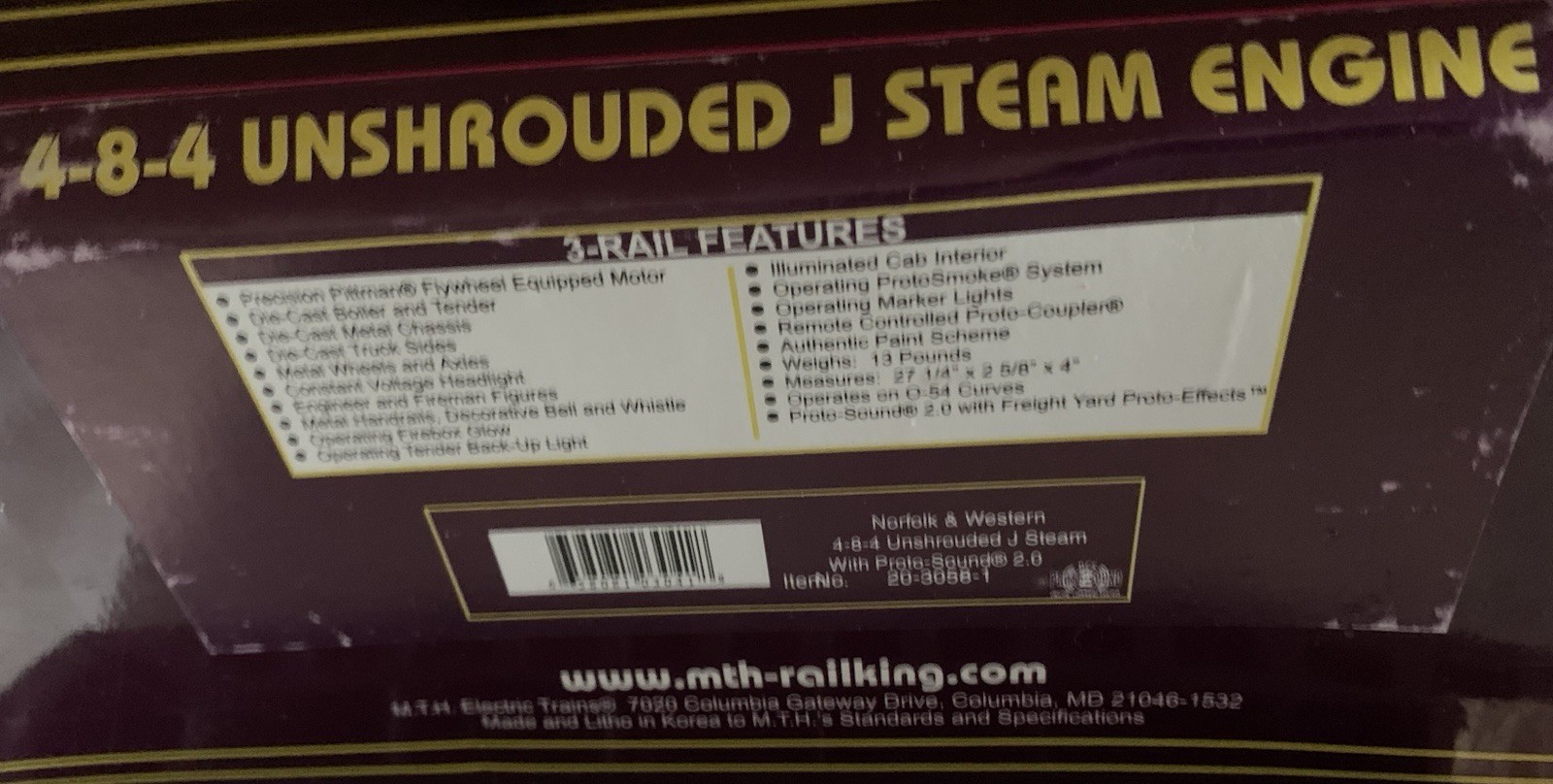 MTH PREMIER NORFOLK & WESTERN 4-8-4 UNSHROUDED J STEAM ENGINE PS2 20-3058-1 N&W