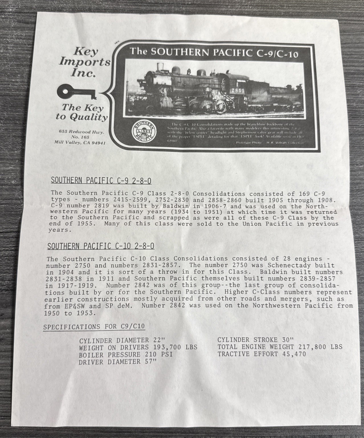 Key Imports HO Brass Consolidation Southern Pacific 2-8-0 C-9 C/Ptd. #2821 LNIB!