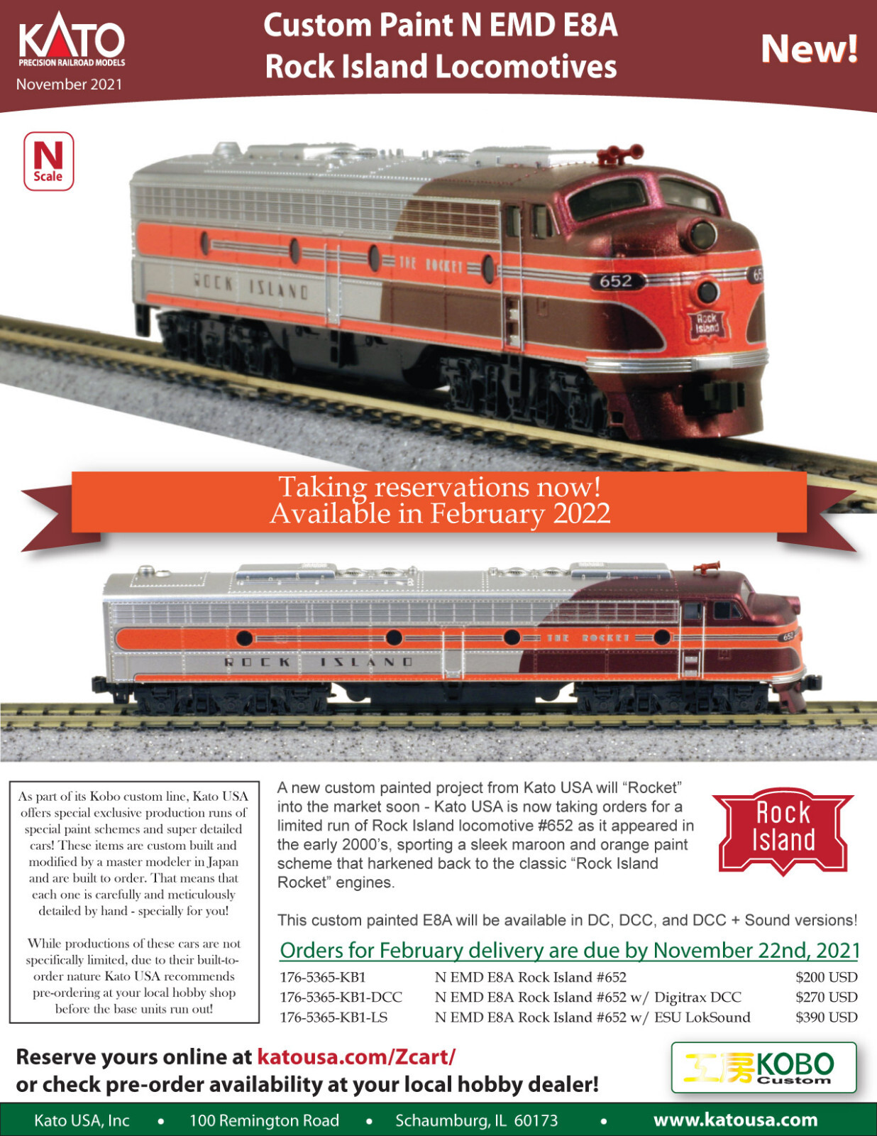 N Kato Kobo Custom 176-5365-KB1 Rock Island EMD E8A Diesel Locomotive #652