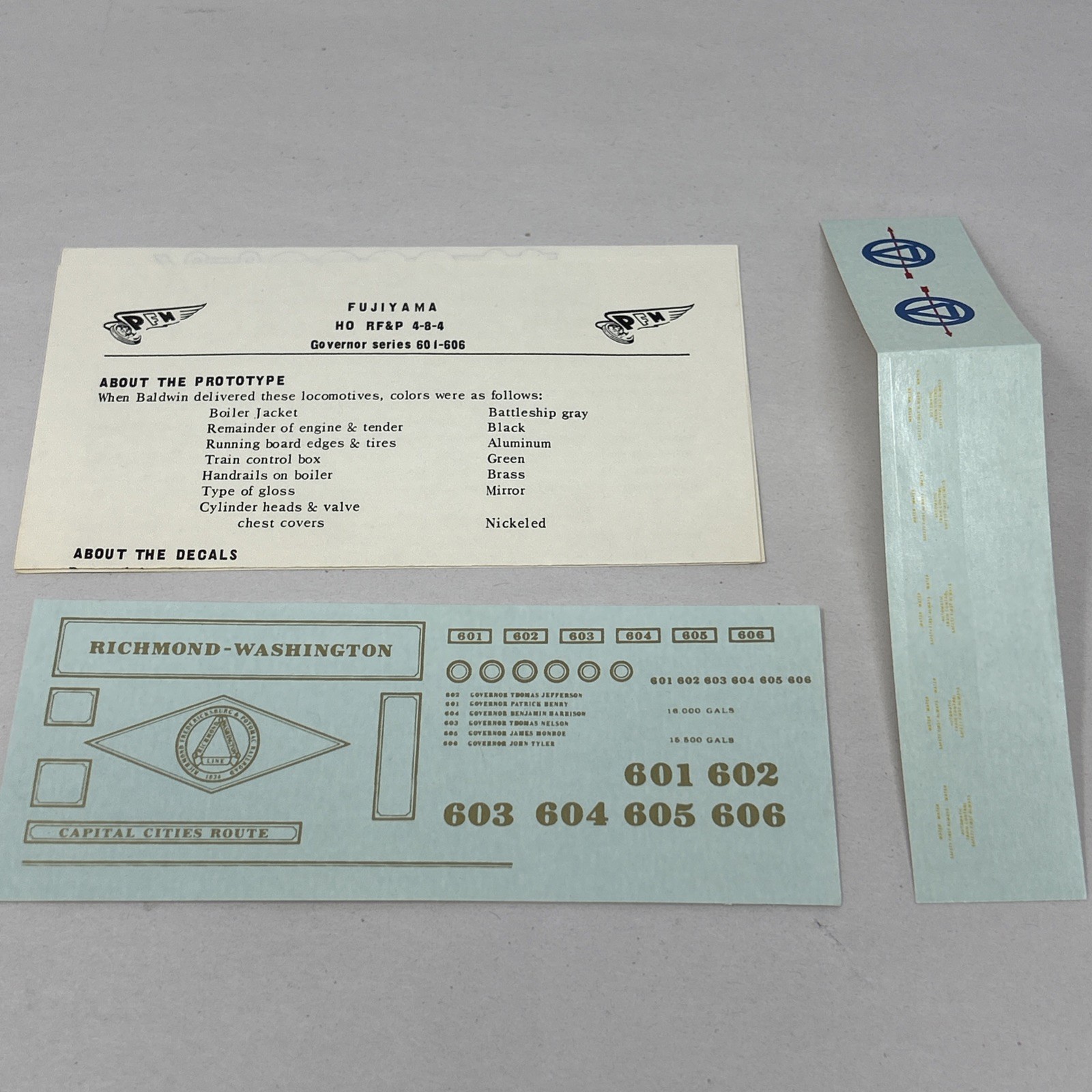 Fujiyama HO DECALS Only for RF&P Governor Series 4-8-4 Locomotive #601-606