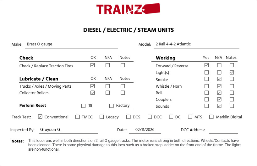 Brass O Gauge 2-Rail 4-4-2 Atlantic Locomotive And Tender