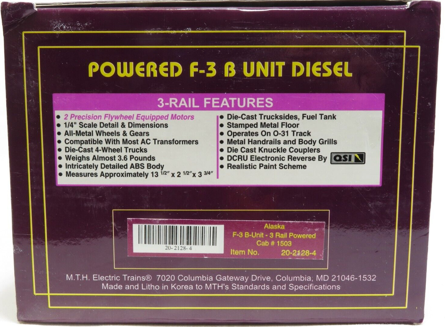 MTH 20-2128-4 Alsaka Powered F-3 B-Unit Diesel Cab #1503 NIB