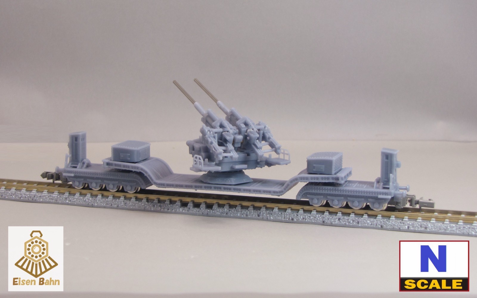 1/160 (N-scale) WWII German 128mm Flak on Heavy Flatcar /w wheels resin kit