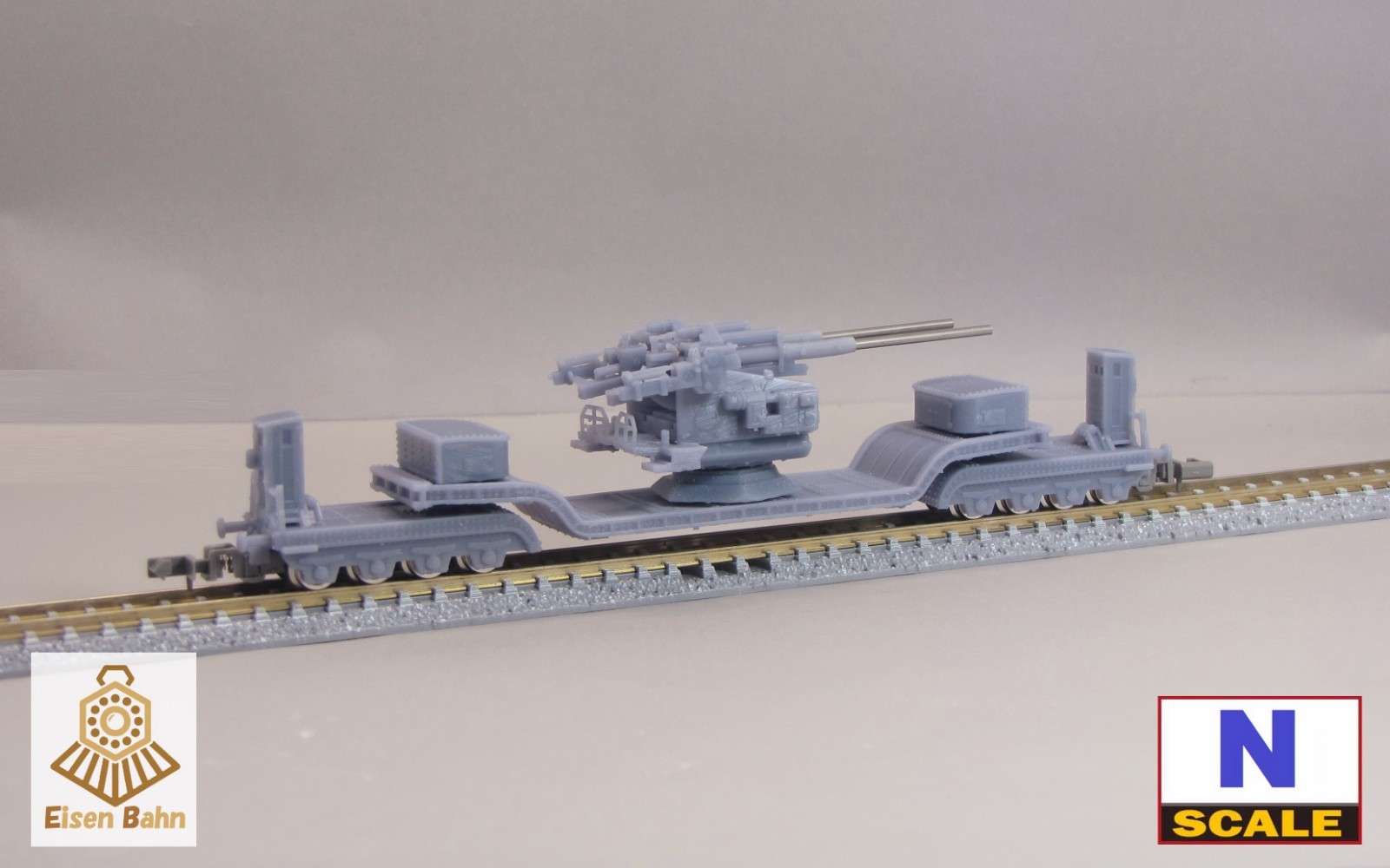 1/160 (N-scale) WWII German 128mm Flak on Heavy Flatcar /w wheels resin kit