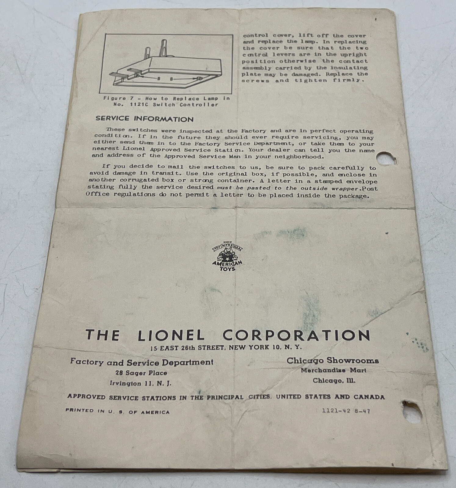 Lionel Instructions Operating Remote Control No. 1121 Switches for 0-27 Gauge