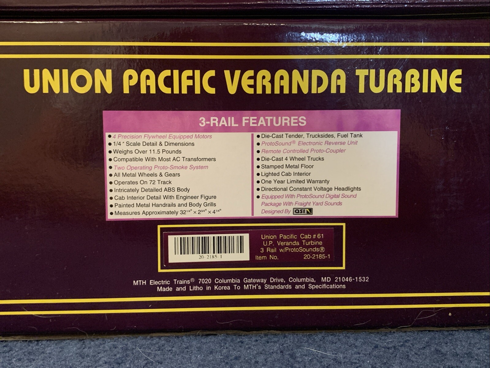 MTH PREMIER UNION PACIFIC VERANDA TURBINE DIESEL ENGINE LOCOMOTIVE 20-2185-1 PS2