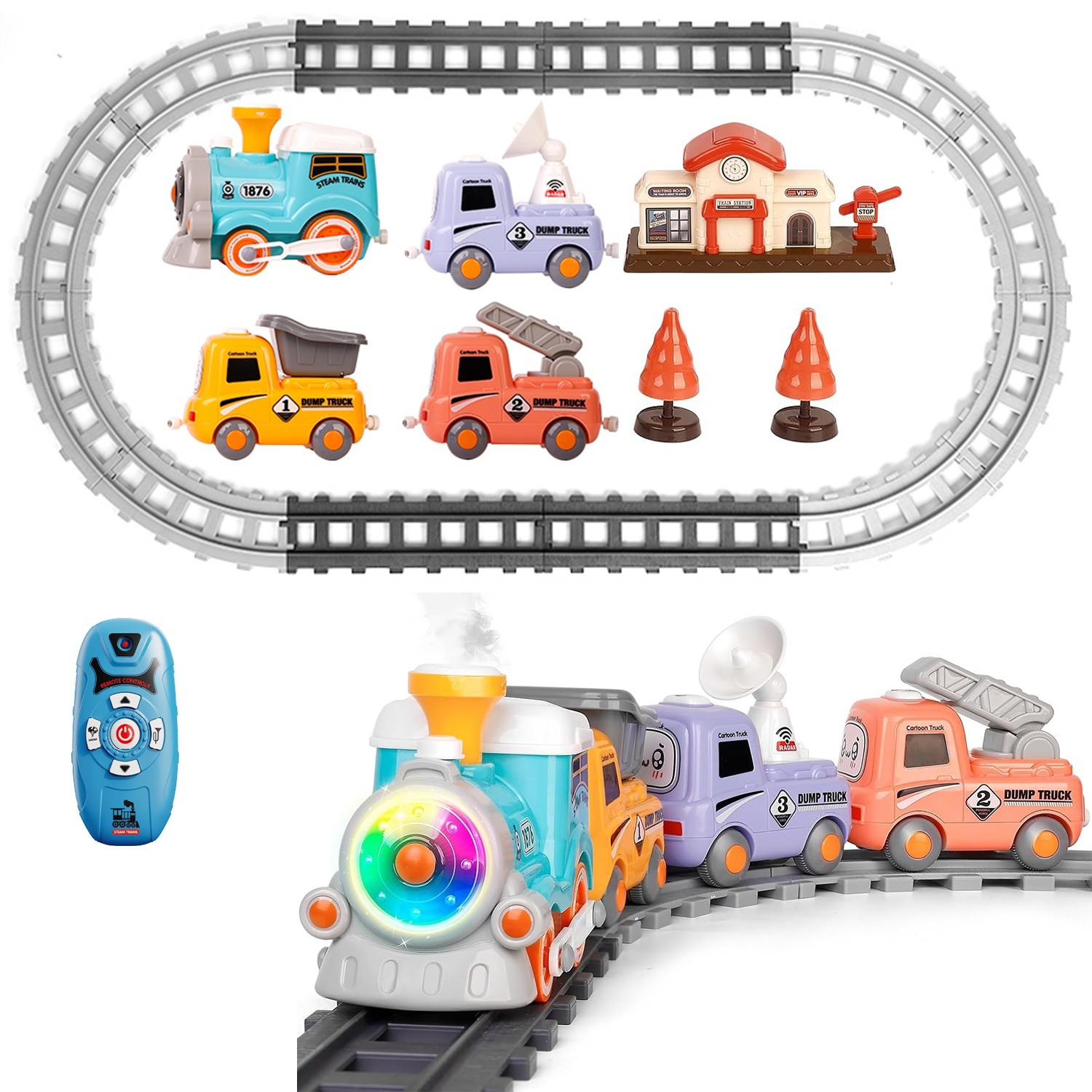 Electric Train Set Smokes Light Sound Remote Magnetic Kid Toys Locomotive Trucks