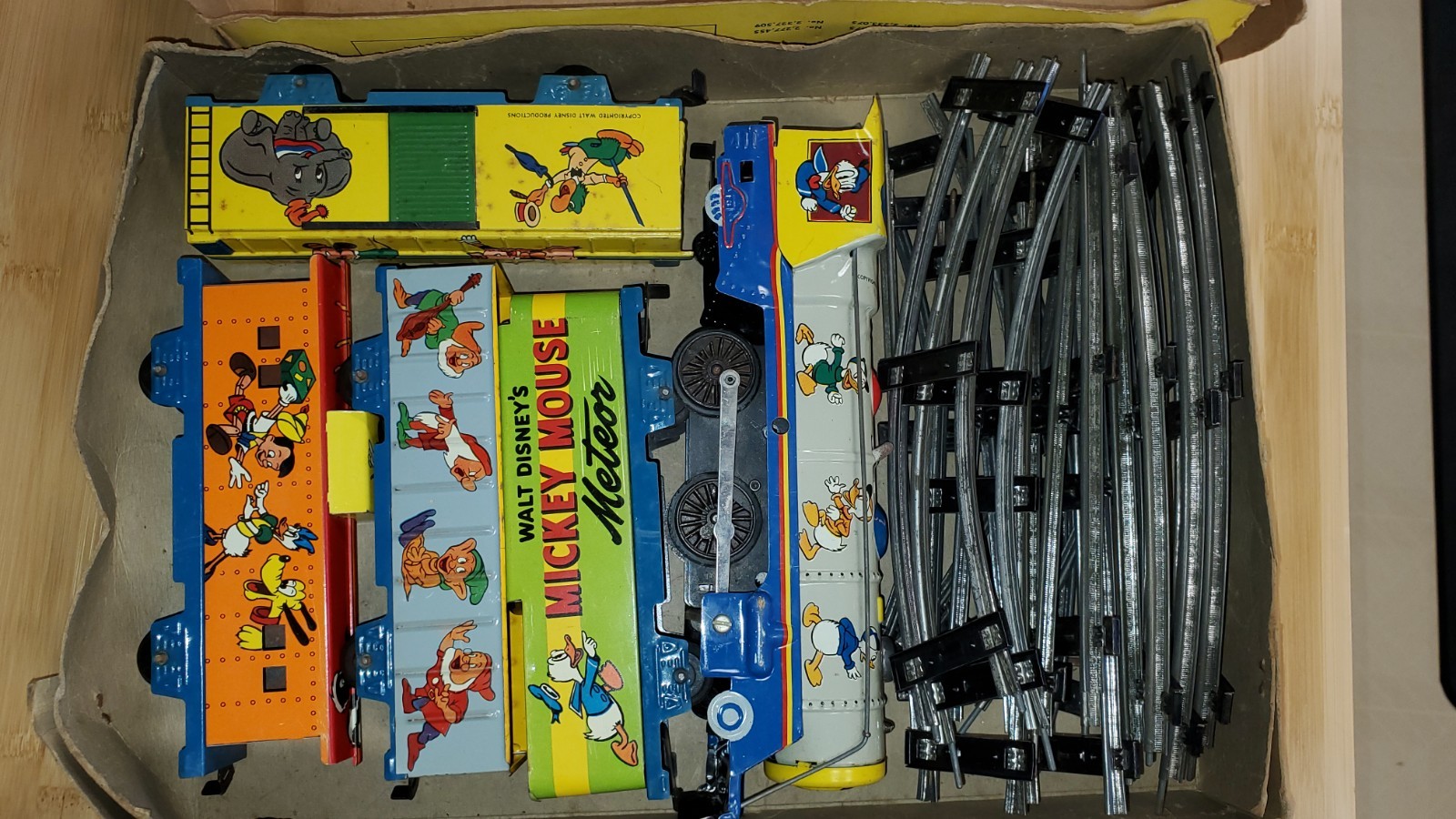 + Marx Walt Disney’s Mickey Mouse Meteor Mechanical Locomotive 4 Car Freight Set