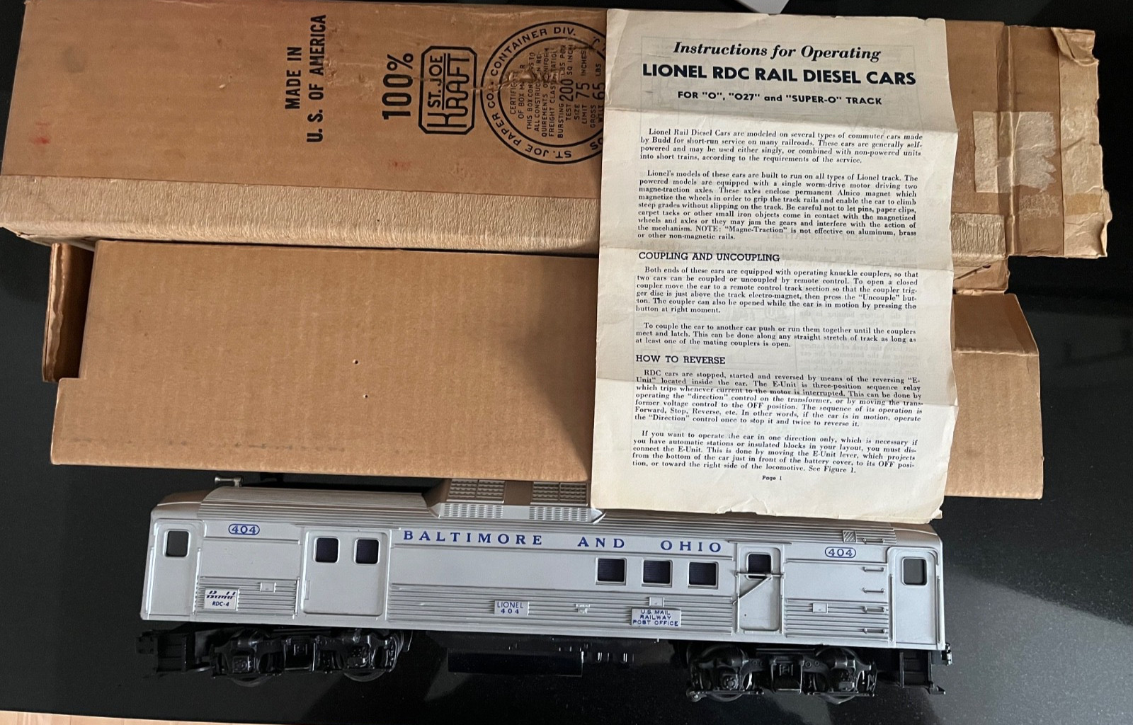 Postwar Lionel 404 B&O RDC-4 RPO Budd Car w/Original Box/Insert/Inst FREE S&H