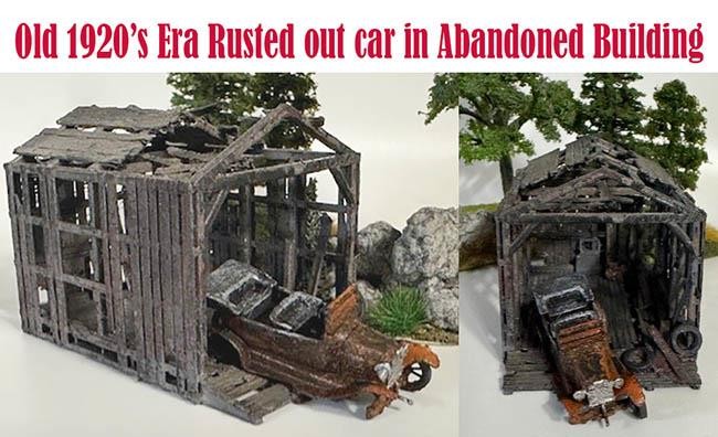 HO Scale Building and Old 1920s Car Rotting Rusting Away comes all WEATHERED