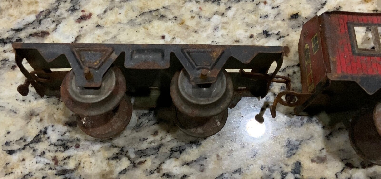 Marx O Gauge Joy Line Red Wind Up Locomotive Boxcar & Eagle Eye Caboose Pre War