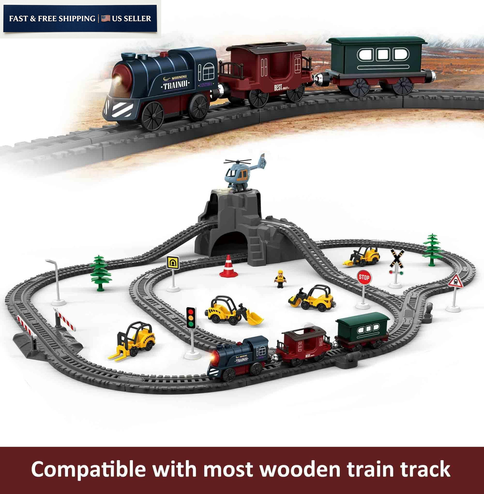 Battery Operated Train for Wooden Track, 3Pcs Motorized Small, Deep Blue